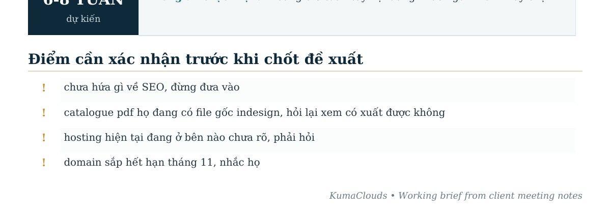 Ảnh chụp một tài liệu gửi khách, mục Điểm cần xác nhận trước khi chốt đề xuất liệt kê nguyên văn bốn dòng ghi chú nội bộ: chưa hứa gì về SEO đừng đưa vào; catalogue pdf họ đang có file gốc indesign hỏi lại xem có xuất được không; hosting hiện tại đang ở bên nào chưa rõ phải hỏi; domain sắp hết hạn tháng 11 nhắc họ