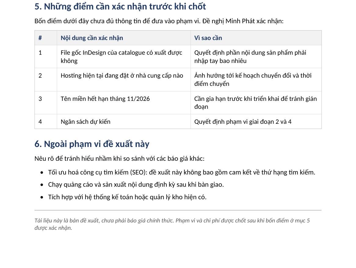 Ảnh chụp tài liệu sau khi xử lý: mục 5 Những điểm cần xác nhận trình bày dạng bảng, mỗi dòng có cột nội dung cần xác nhận và cột vì sao cần; mục 6 Ngoài phạm vi đề xuất này ghi rõ đề xuất không bao gồm cam kết về thứ hạng tìm kiếm